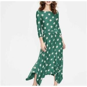 Boden Womens Green Polka Dot Asymmetric Scoop Neck 3/4 Sleeve Midi Dress 2p‎